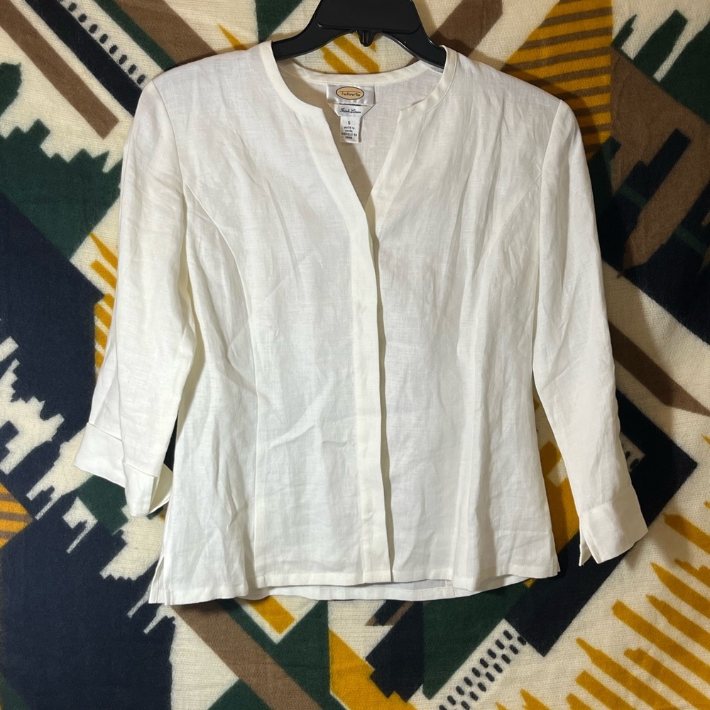 Talbots 100% Irish Linen Button Front Blouse White 3/4 Sleeves Size 6 - Picture 12 of 12